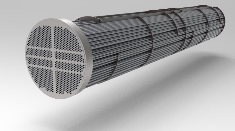 Tube bundle viewed end-on showing the drilled tubesheet face with pass-partition grooves and the baffled bundle behind