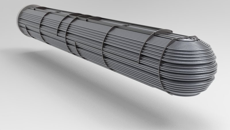 U-tube bundle showing the concentric U-bends at the free end and the transverse baffles supporting the tubes
