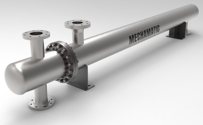 MechaMatic CEU shell and tube heat exchanger with channel head, bolted girth flange, flanged nozzles and saddle supports