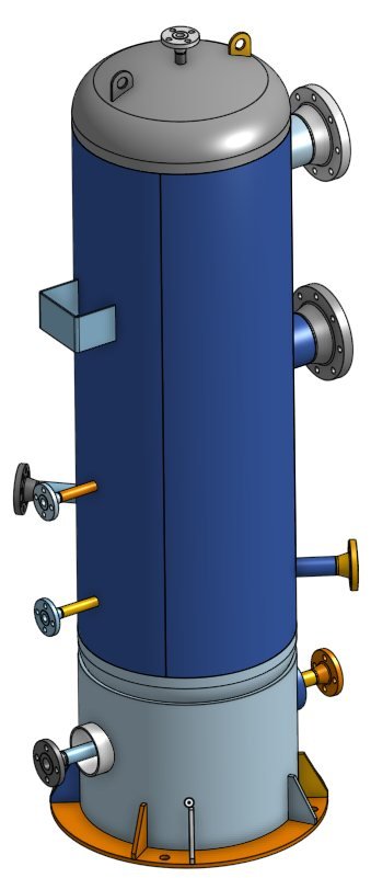 Vertical phase separator model showing the nozzle arrangement around the shell, the top head with access opening and the base support ring